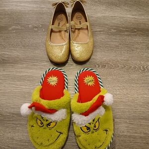 Gold Glitter Flats and Grinch Slippers